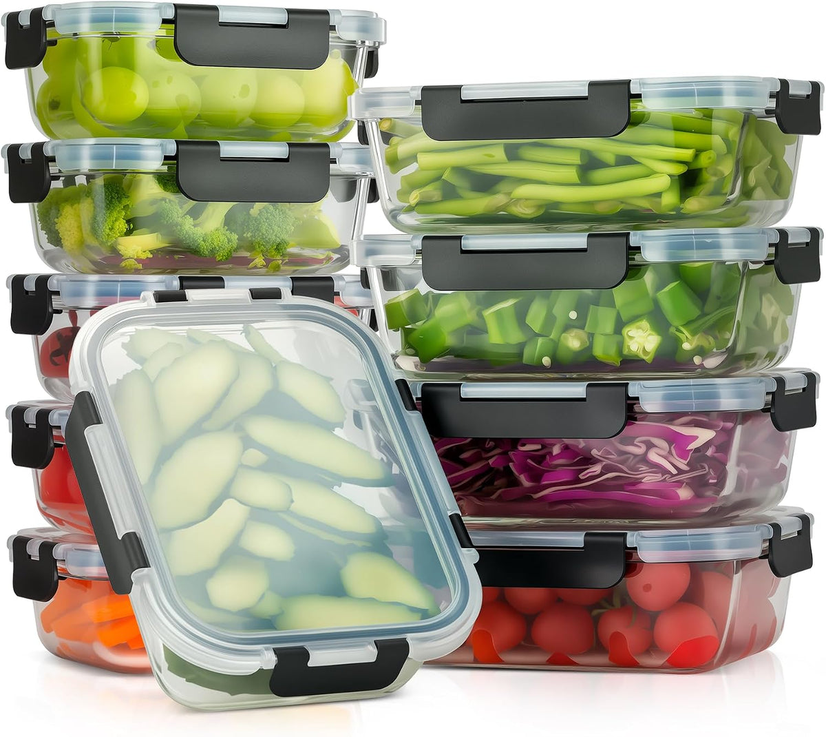 10-Pack Meal Prep Containers with Snap Locking Lids, Glass Airtight Lunch, Food Storage Containers, Microwave, Oven, Freezer and Dishwasher Friendly, Gray