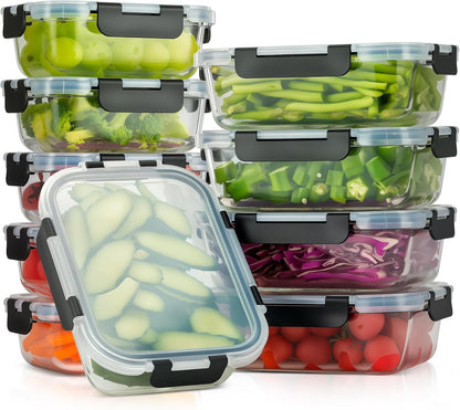 10-Pack Meal Prep Containers with Snap Locking Lids, Glass Airtight Lunch, Food Storage Containers, Microwave, Oven, Freezer and Dishwasher Friendly, Gray
