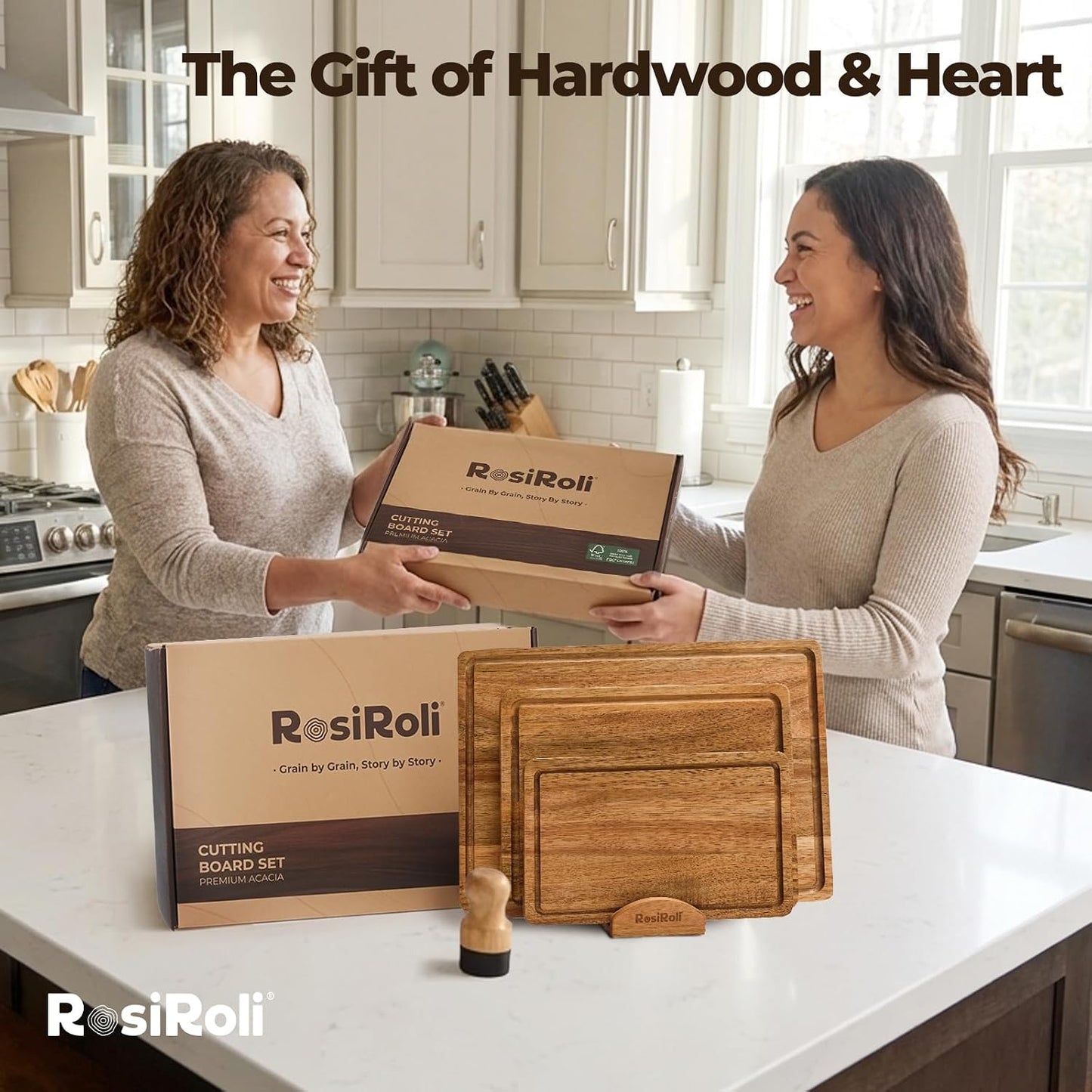 Acacia Wood Cutting Board for Kitchen, Set of 3 - Durable Thick Chopping Boards with Juice Grooves & Handles for Prep & Serving, Impressive Gift for Housewarming, Christmas, and Home Chefs