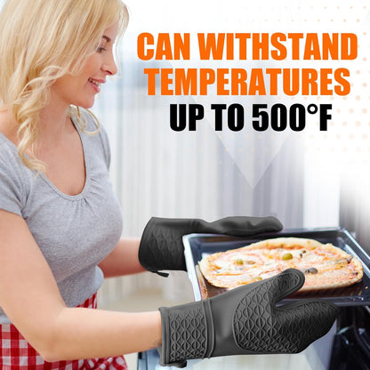 Silicone Oven Mitts, Heat Resistant 2PCS Oven Mitts with Soft Cotton Lining, Waterproof Non-Slip Grip Oven Glove, Kitchen Potholder Mits for BBQ, Baking, Cooking, 12.5 Inch - Grey