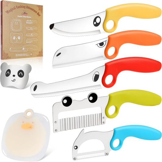 Kids Kitchen Knife Set with Magic Book Gift Box & Educational Ring, 7-Piece Animal Cooking Tools, Safe Stainless Steel Knives, Finger Guard & Cutting Board, Montessori Cooking Set for Kids