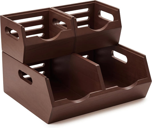 HOMESTEAD Stackable Solid Wood Storage Bins for Kitchen Pantry & Countertop, Ventilated Potato and Onion Basket Organizer with Handles, Wooden Produce Storage Containers, 3-Pack, Chestnut Finish