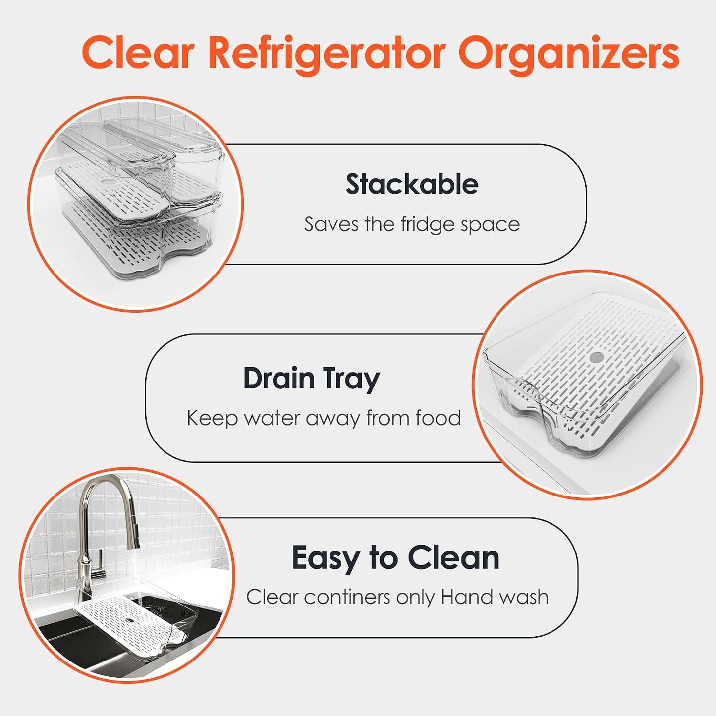 SMRCAD Fridge Organizers and Storage, Automatic Rolling Egg Holder and 6 Pack Fruit Organizer Bins with Lids for Fridge, Freezer, Refrigerator