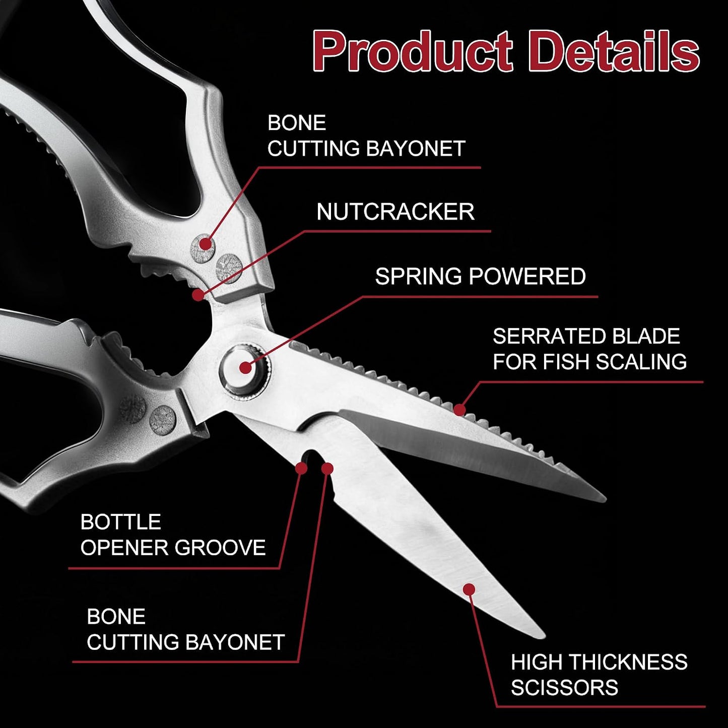 Heavy Duty Kitchen Scissors, High Carbon Stainless Steel Poultry Shears, Ultra Sharp Multi-Purpose Food Cutter with Jar Opener and Large Ergonomic Handles for Chicken, Meat, and BBQ