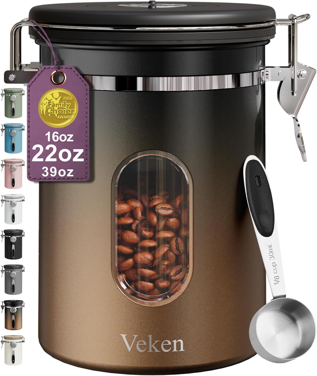Veken Coffee Canister with Window, Family Choice Awards Winner, Airtight Stainless Steel Home Kitchen Food Storage Container with Lids for Grounds, Beans, Tea, Flour,Cereal,Sugar Jars,Scoop,16OZ,Black