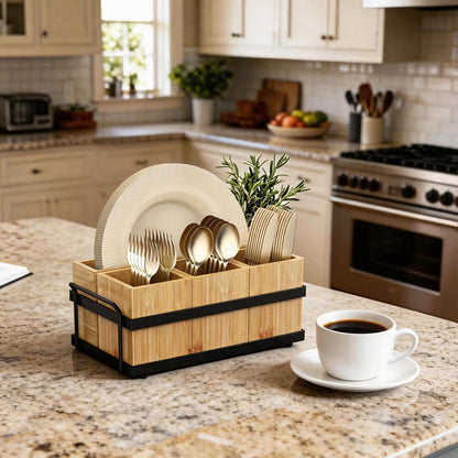 Silverware Caddy for Party, Wood Utensil Caddy with 4 Removable Compartments for Kitchen Countertop Organizing Paper Plate, Fork, Spoon, Napkin