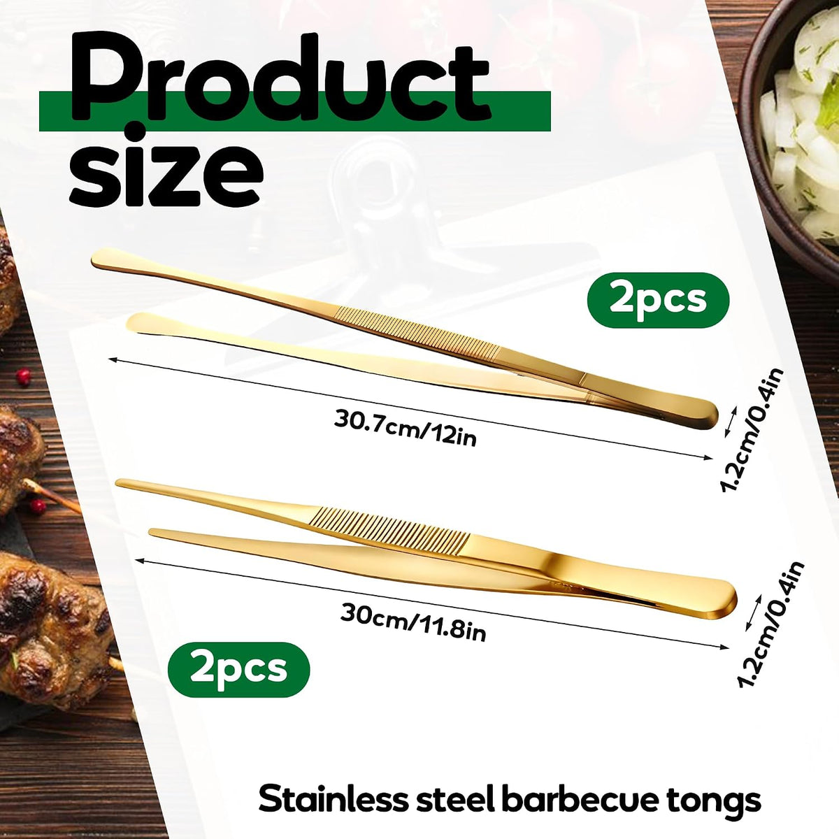 4Pcs Stainless Steel Cooking Tweezer Tongs 12 inch Long Tweezers with Precision Serrated Tips Plating Gold Kitchen Tweezers for Cooking, Chef, Repairing, Serving Food and BBQ