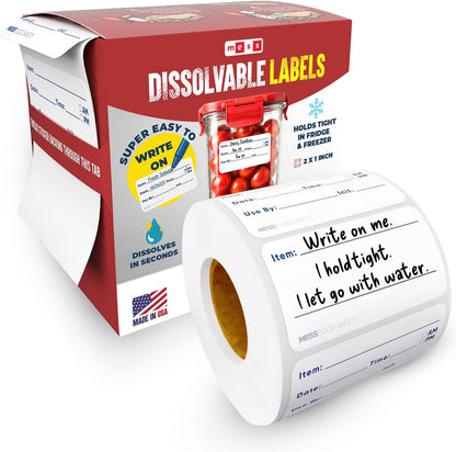 MESS Dissolvable Food Labels, 1x2, 200/Roll - Dissolves in 30 Seconds or Less - Removable Pantry, Meal Prep & Food Storage Labels – Canning & Freezer Use