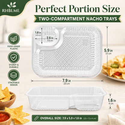 RHBLME 300 Pack Large 8"x6" Plastic Nacho Trays, 2 Compartment Disposable, Plastic Nacho Containers with Chip and Dip Holder for Party, Festivals, Kids, Theater