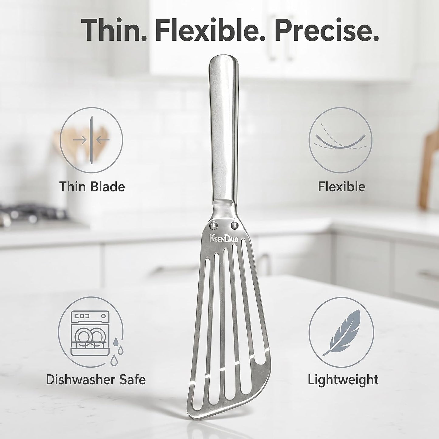 KSENDALO 2 Pack Flexible Fish Spatula Stainless Steel for Kitchen | Thin Edged Egg Spatula, Slotted Angled Blade Metal Turner, BBQ Flipper, Riveted for More Sturdy, Silver