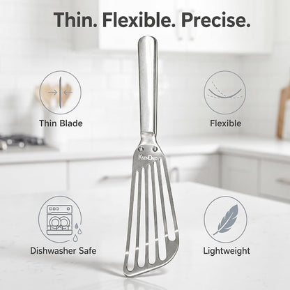 KSENDALO 2 Pack Flexible Fish Spatula Stainless Steel for Kitchen | Thin Edged Egg Spatula, Slotted Angled Blade Metal Turner, BBQ Flipper, Riveted for More Sturdy, Silver