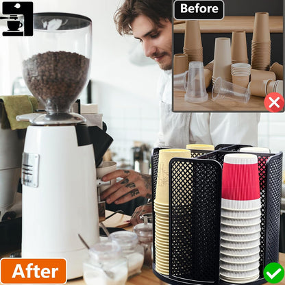 Paper Cup and Lid Holder, Rotatable Coffee Cup Dispenser fit 5-16oz Disposable Cups Organizer, Plastic Cup Storage Rack for Countertop, Coffee Shop, Station, Bar, Office,Kitchen, Black