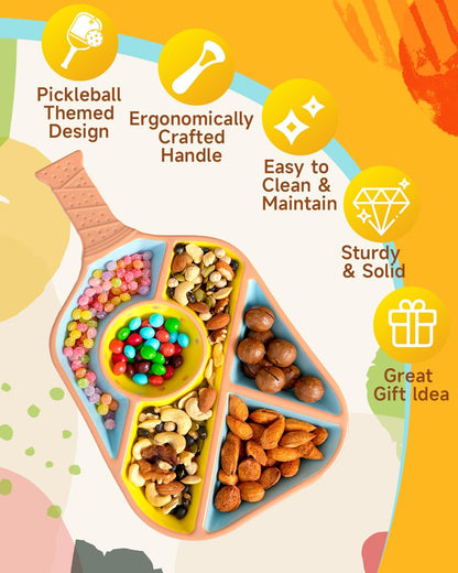 Pickleball Snack Serving Tray - Ceramic Bat Shaped Snack Platter with 5 Compartments & Dip Bowl - Fun Gift for Man & Women, Parties, Father's Day & Pickleball Accessories(Pink)