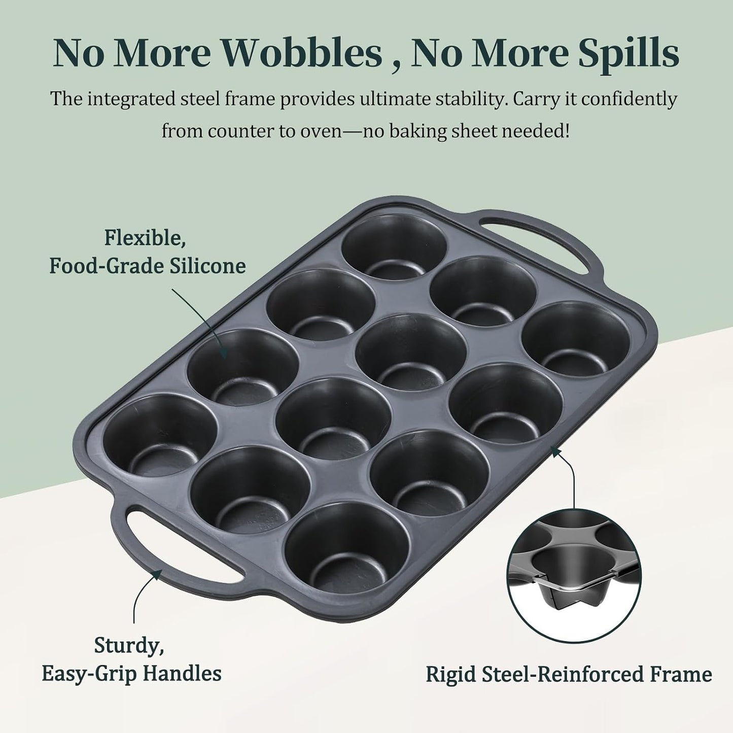 Silicone Muffin Pan with Metal Frame, 12-Cup Non-Stick Baking Pan for Cupcakes & Muffins, Dishwasher Safe & BPA Free, Durable for Meal Prep & Oven Use