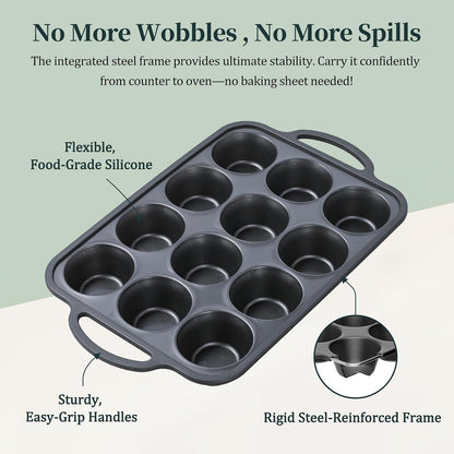 Silicone Muffin Pan with Metal Frame, 12-Cup Non-Stick Baking Pan for Cupcakes & Muffins, Dishwasher Safe & BPA Free, Durable for Meal Prep & Oven Use