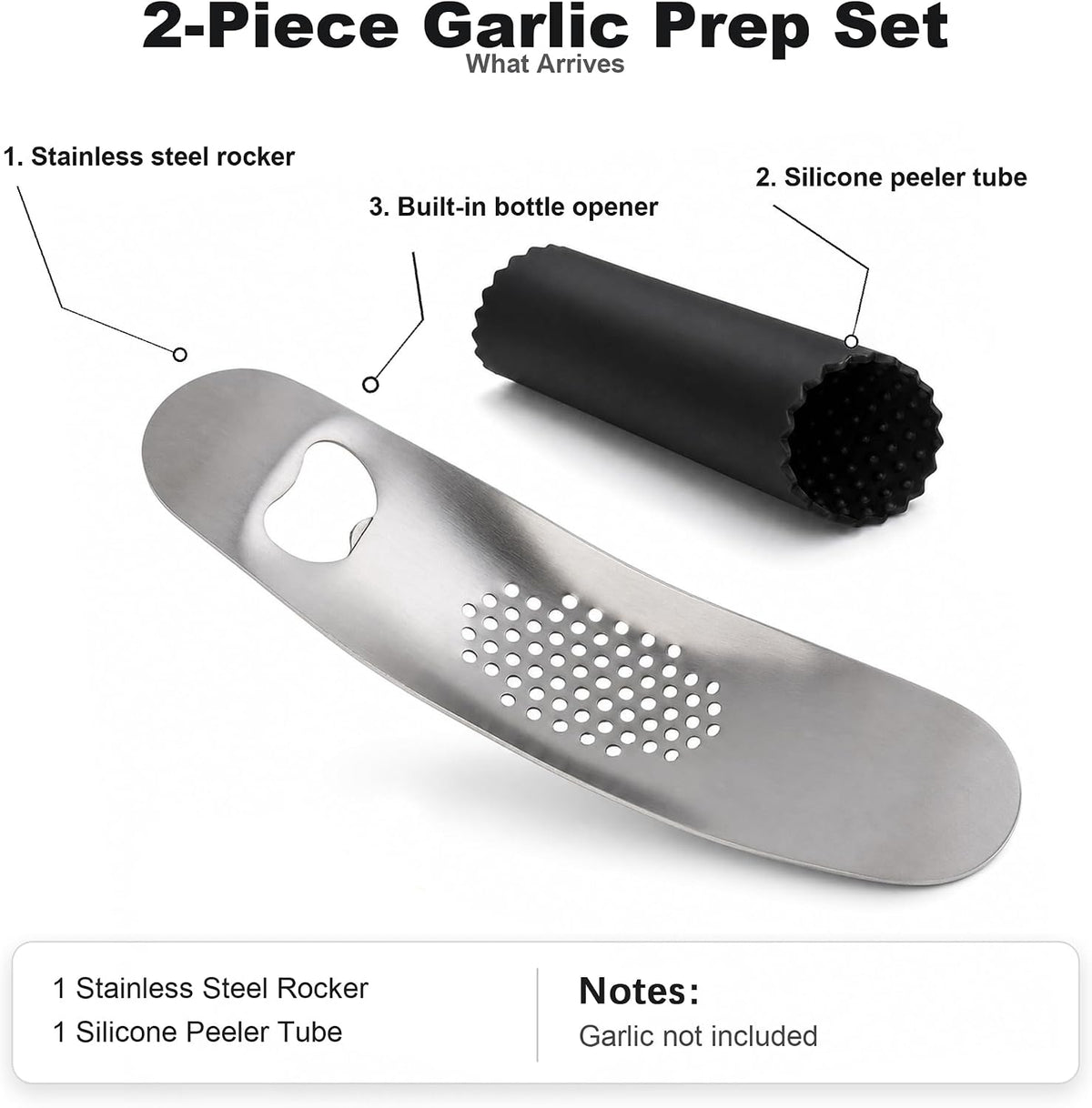 Garlic Press Rocker, Stainless Steel Mincer with Peeler