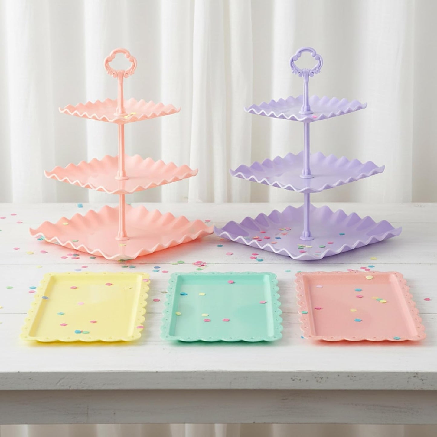 NWK 5 Piece Cake Stand Set with 2 x Large 3-Tier Cupcake Stands, 3 x Appetizer Trays, for Wedding Birthday Baby Shower Tea Party Decorations (Pink)