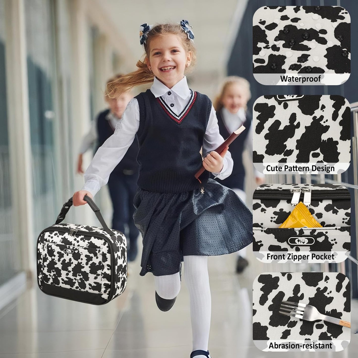 Lunch Box Kids Insulated Lunch Bag for Boys Girls Cute Reusable Lunch Tote Bag Waterproof Portable Thermal Lunch Box Kids for School Picnic Travel Black