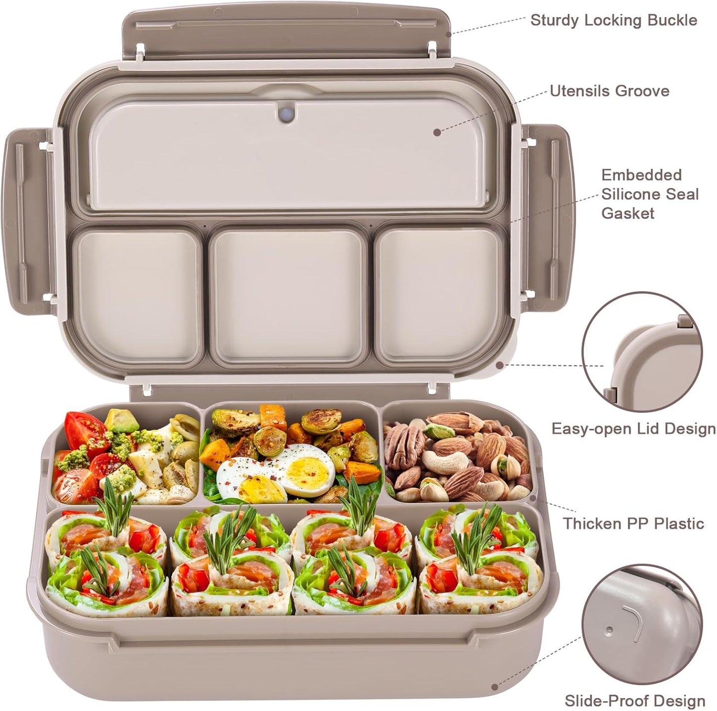 Bento Box Adult Lunch Box, Lunch Containers for Kids Girls Boys with 4 Compartments, Lunchable Food Container with Utensils, Sauce Jar, Muffin Liners, 40 Oz/5 Cup, Microwave Safe, Lavender