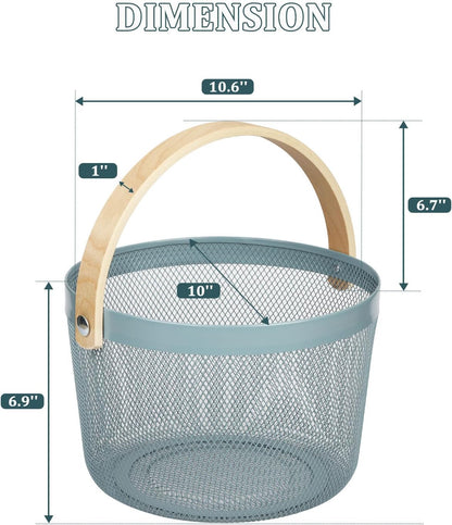 IBWell Bucket-Shape Metal Wire Woven Fruit Storage Bowl Basket with Wooden Handle, Large Black Mesh Fruit Stand, Multi-function Hanging Kitchen Baskets (Blue Grey)