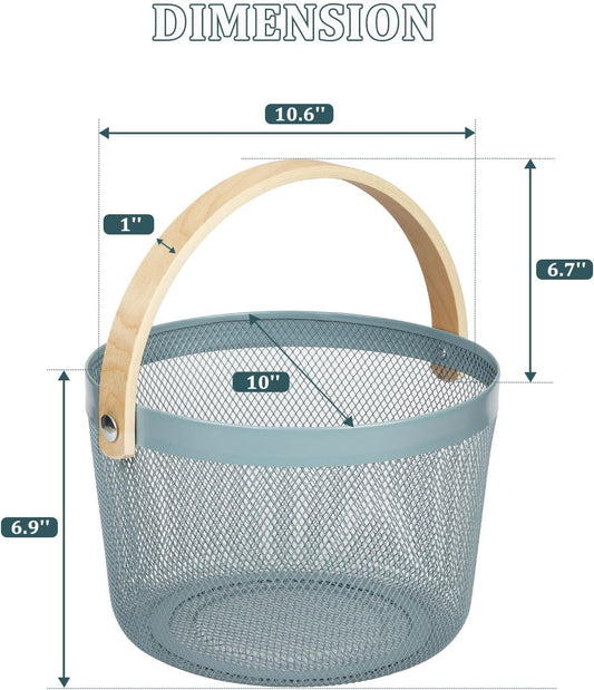 IBWell Bucket-Shape Metal Wire Woven Fruit Storage Bowl Basket with Wooden Handle, Large Black Mesh Fruit Stand, Multi-function Hanging Kitchen Baskets (Blue Grey)