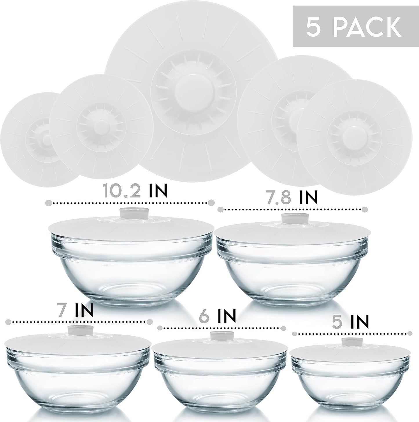 Silicone Bowl Lids Blue Set of 5 Reusable Suction Seal Covers for Bowls, Pots, Cups. Food Safe. Natural grip, interlocking handles for easy use and storage.
