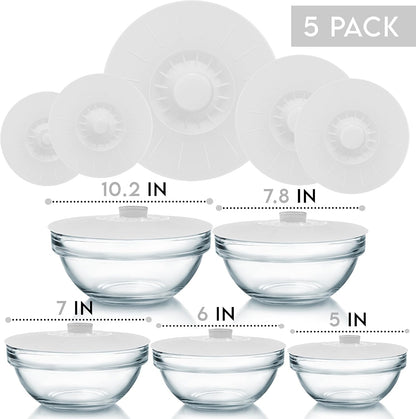 Silicone Bowl Lids Blue Set of 5 Reusable Suction Seal Covers for Bowls, Pots, Cups. Food Safe. Natural grip, interlocking handles for easy use and storage.
