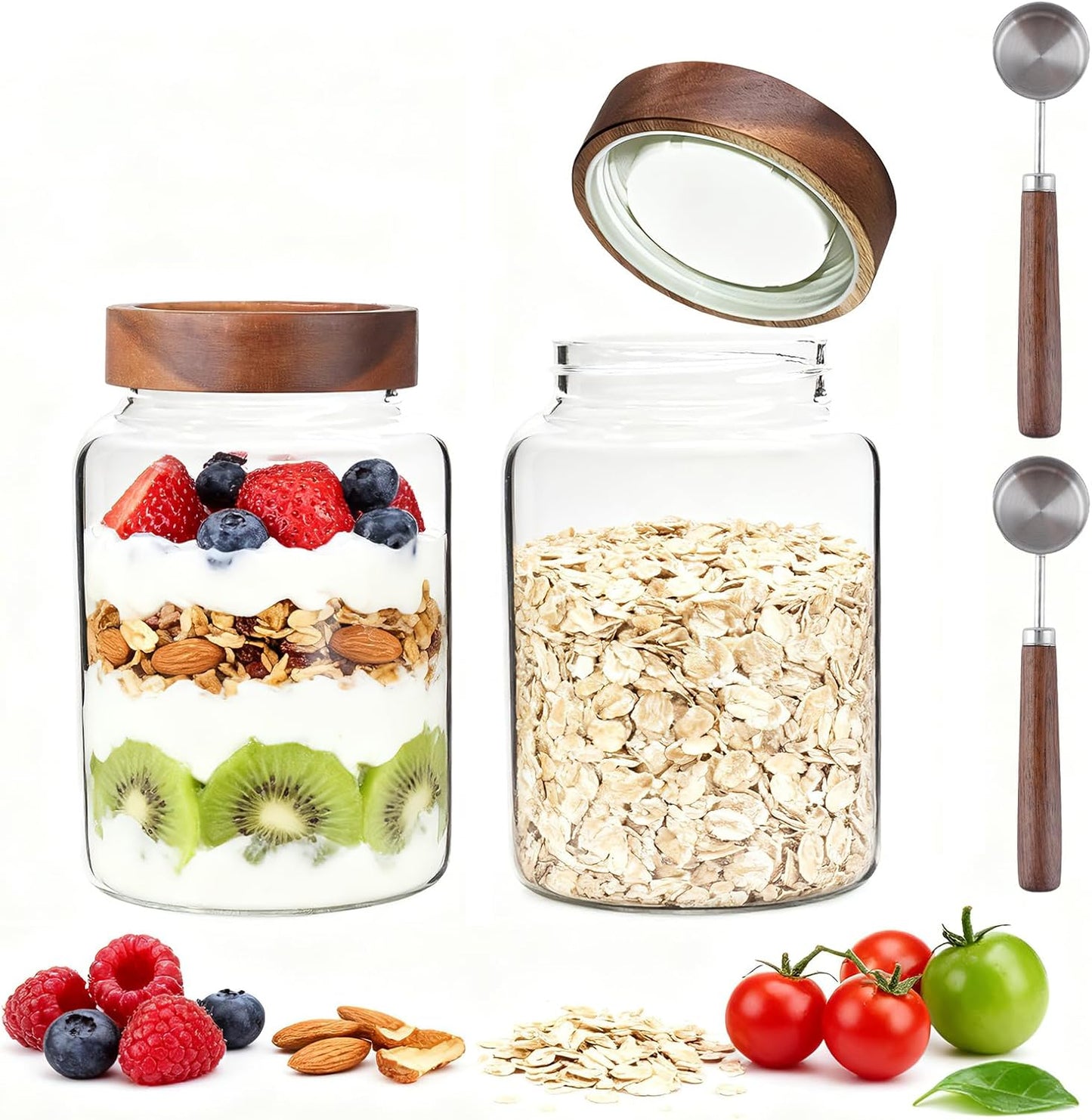 6 pc Glass Spice jars Glass Jars with Screw Lid 5 oz Acacia Wood Glass Herb Sugar Coffee Bean Ground Container Food Storage Canister for Candy Pantry Tea Seasoning Meal Prep Snack (6*150ml(5oz))
