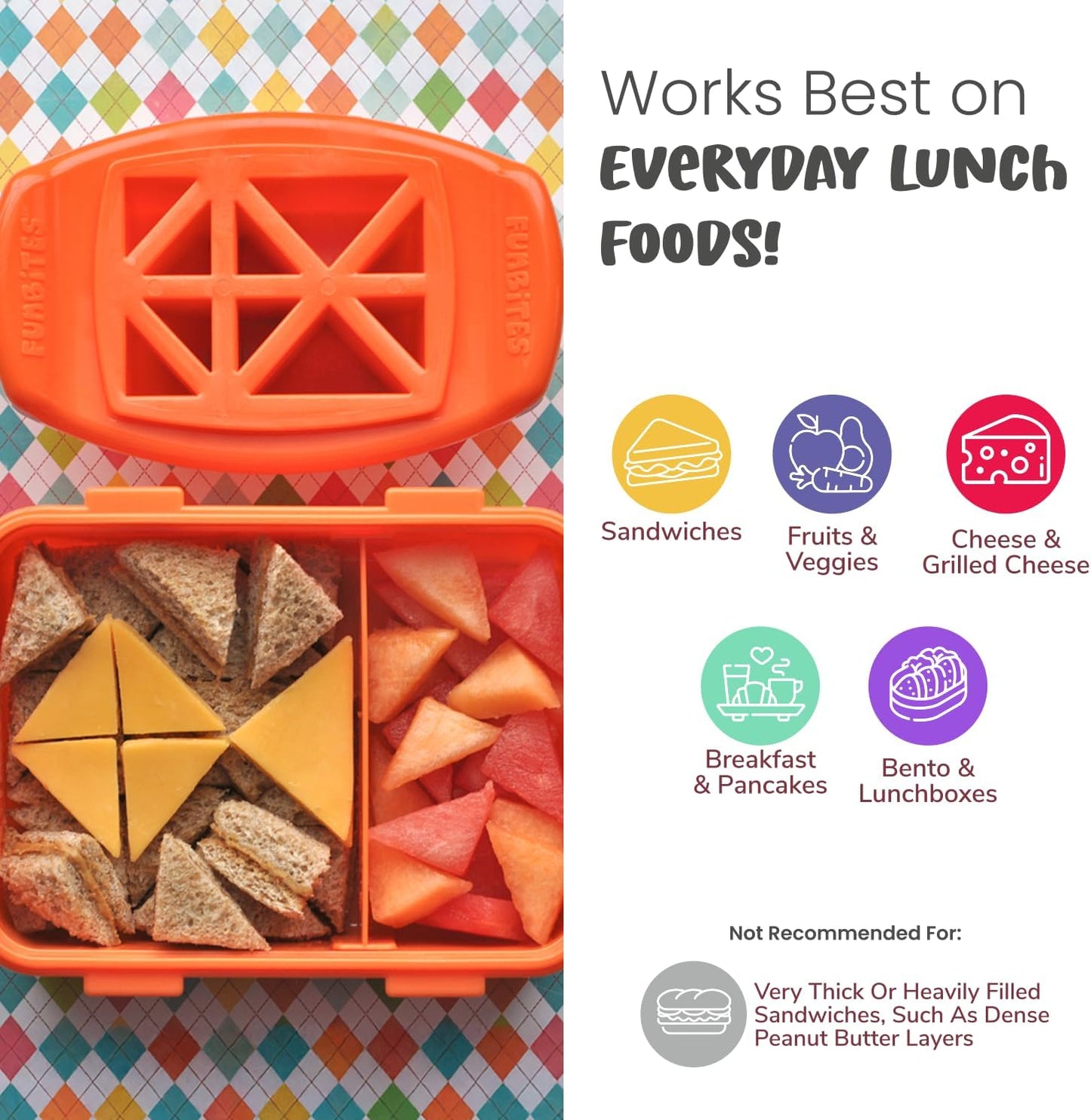 FUNBITES Crustless Sandwich Cutter for Kids Lunch, Uncrustable Sandwich Cutter (6-piece set), Bite-Size Food Cutter for Toddlers, Bento Box Accessories, Dishwasher Safe, Squares/Hearts/Triangles 3pk