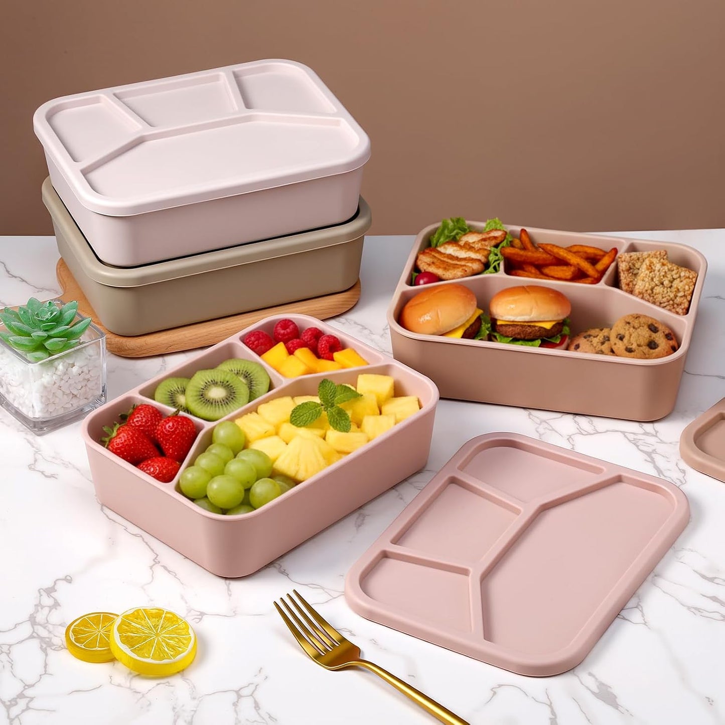 Honeydak 6 Pcs Silicone Bento Box Reusable Lunch Container 4 Compartment Snack Boxes with Lid Smooth LeakProof Rectangle Food Boxes for Adult Work Travel Food Storage (Cute Color)
