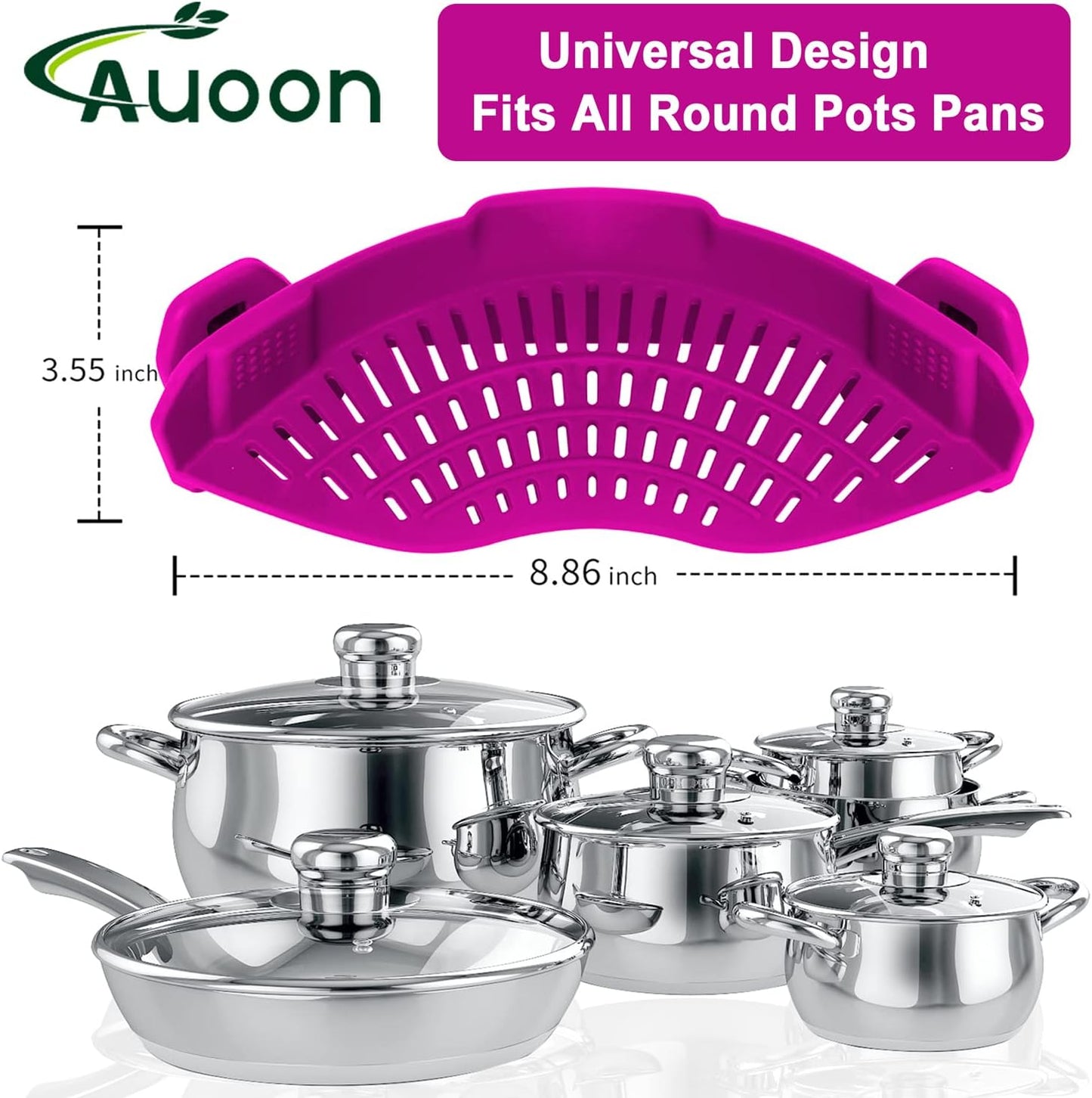 AUOON Clip On Strainer Silicone for All Pots and Pans, Pasta Strainer Clip on Food Strainer for Meat Vegetables Fruit Silicone Kitchen Colander