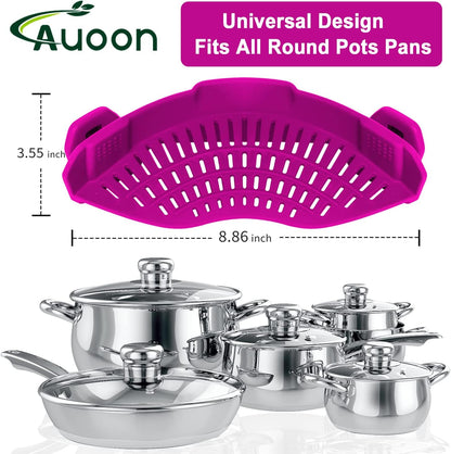 AUOON Clip On Strainer Silicone for All Pots and Pans, Pasta Strainer Clip on Food Strainer for Meat Vegetables Fruit Silicone Kitchen Colander