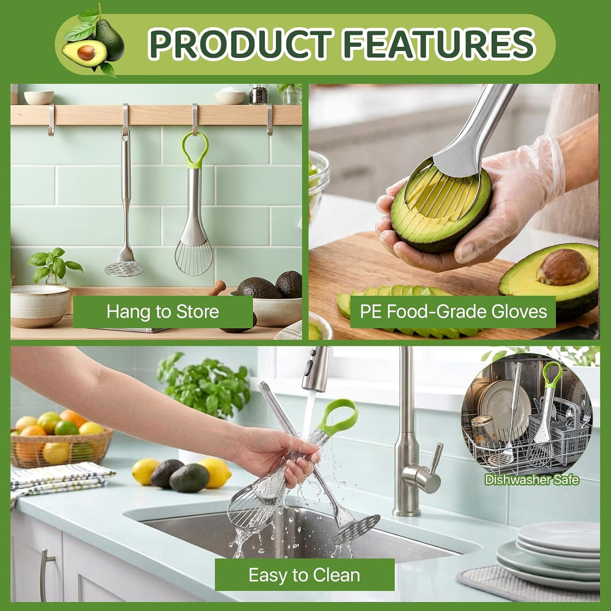 102 Pcs 3-in-1 Avocado Slicer Tool & Masher, Disposable Clear Gloves