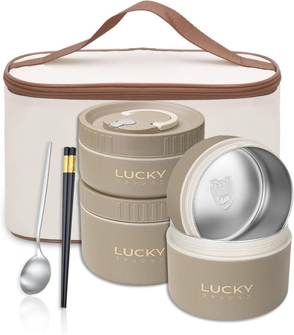 3 Compartments Bento Lunch box with Soup Bowl, Insulated Lunch Bag and Portable Utensils, Stainless Steel Camera Lunch Containers，Leak Proof Bento Box for Kids Adults Men Women…