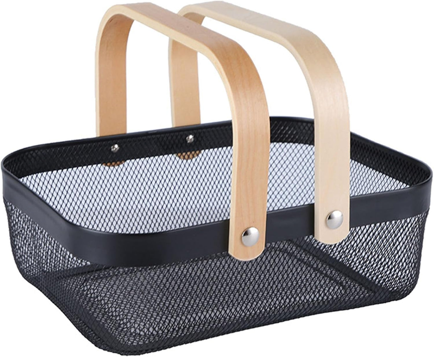 AJIODA Metal Mesh Steel Basket, Storage Organizer Basket Garden Harvest Basket Multi-functional Kitchen Fruit Baskets Bin with Wooden Handle for Bathroom Picnic Shopping Decor Cabinet Home, Pink