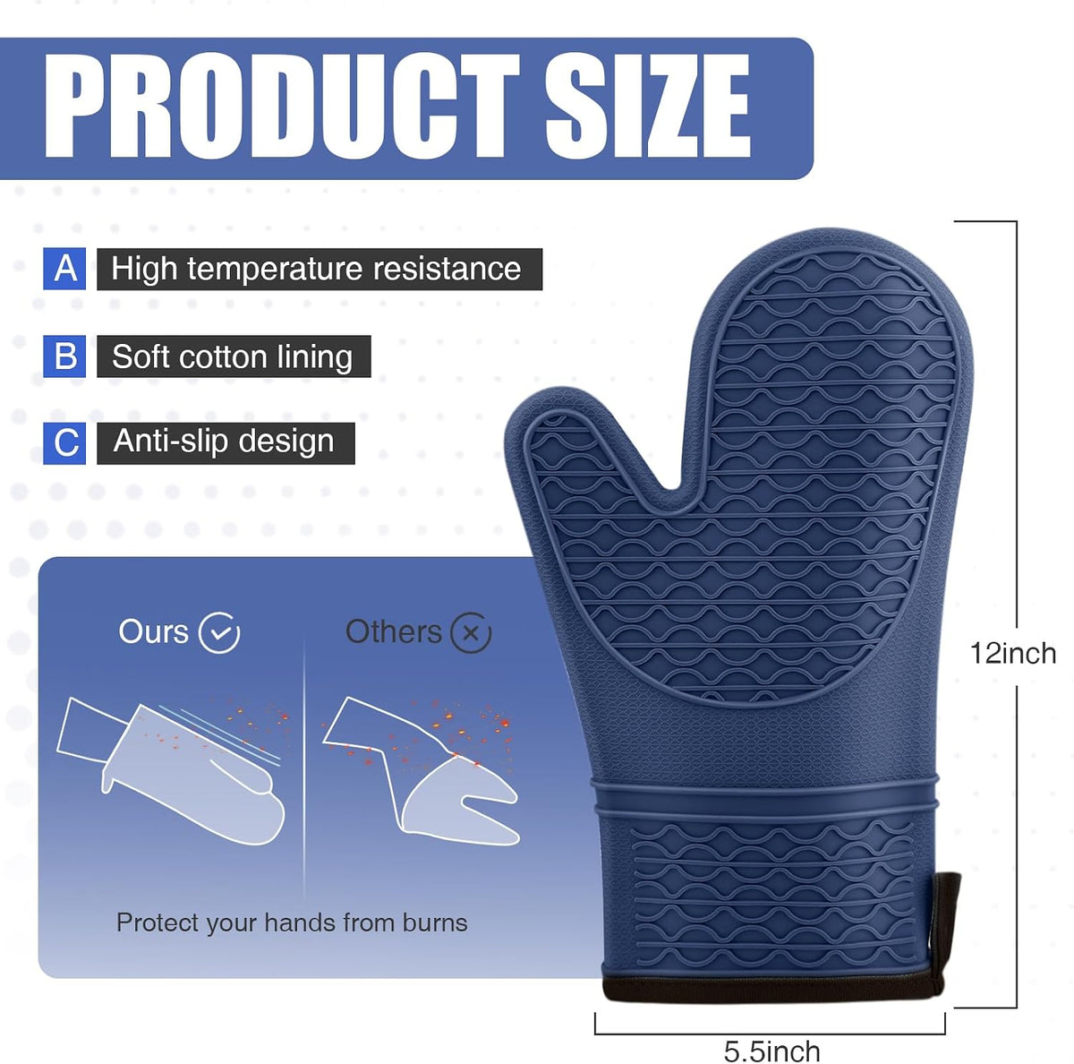 Silicone Oven Mitts, Heat Resistant 2PCS Oven Mitts with Soft Cotton Lining, Waterproof Non-Slip Grip Oven Glove, Kitchen Potholder Mits for BBQ, Baking, Cooking, 12.5 Inch - Grey