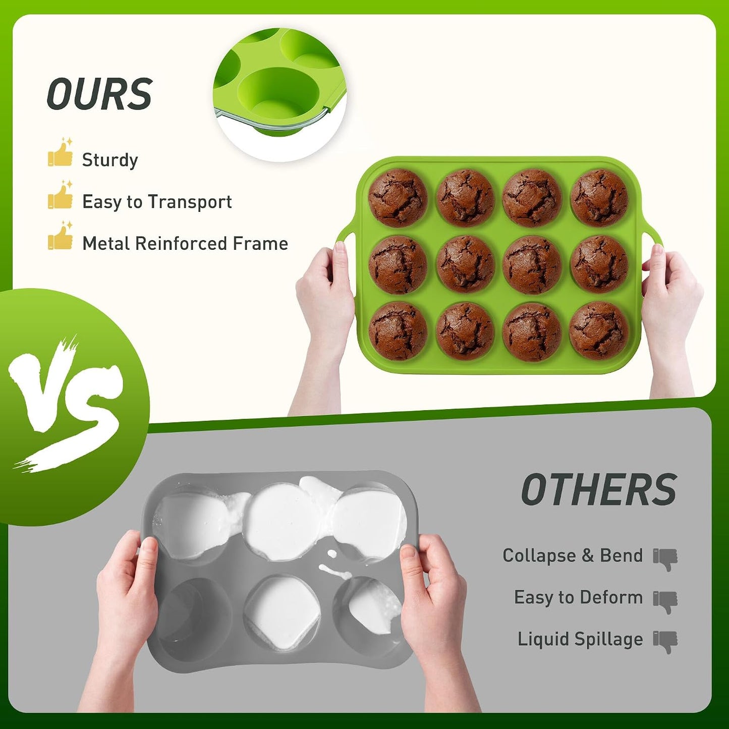 2 Packs 12 Cups Silicone Muffin Pan for Baking with Metal Reinforced Frame Regular Size Cupcake Pan Tray Egg Bites Silicone Cookie Molds Muffin Tin Tart Pans Sheet Set for Oven Dishwasher Safe
