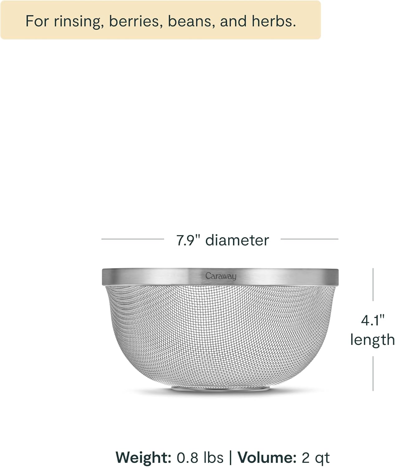 Caraway Stainless Steel Strainer - 2 qt Kitchen Strainer - Mesh Colander with Raised Base for Efficient Drainage - Non-Toxic, PFAS-Free