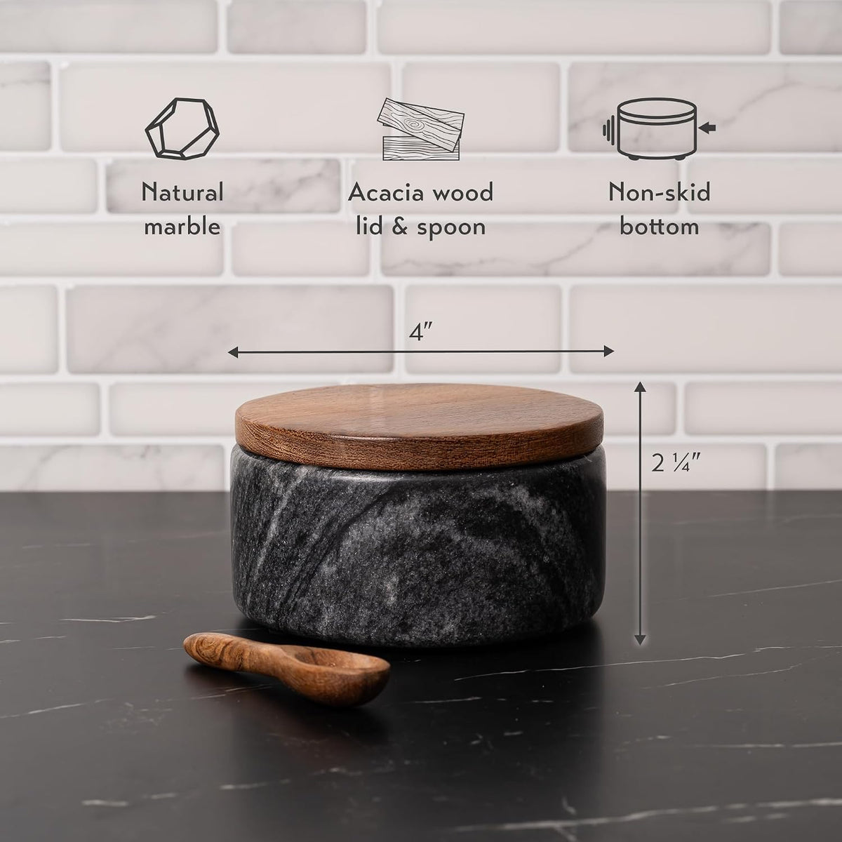 Cork & Mill Marble Salt Cellar with Acacia Wood Lid and Spoon, White