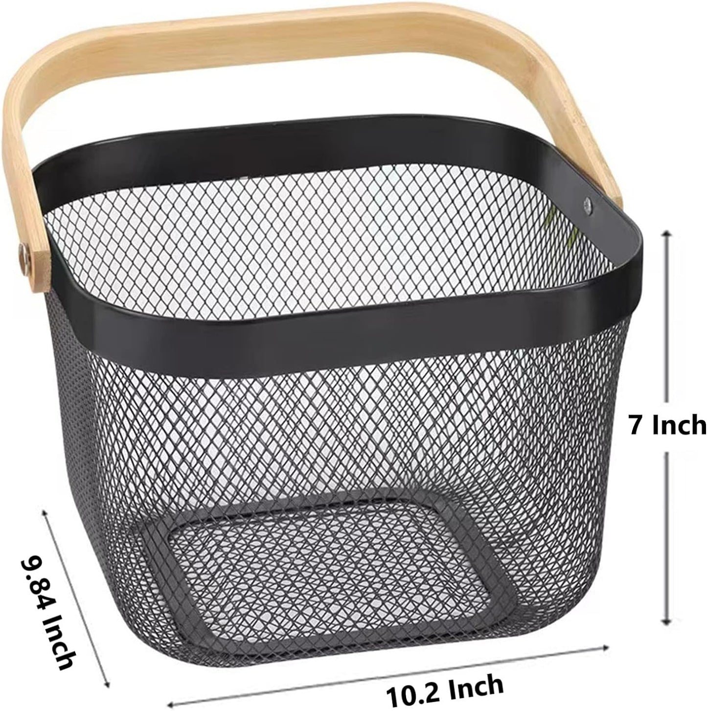 AJIODA 2 Pack Metal Mesh Steel Basket, Storage Organizer Basket Multi-function Hanging Kitchen Baskets Fruit Basket Bin with Wood Handle for Kitchen Bathroom Picnic Cabinet Home Decor, White