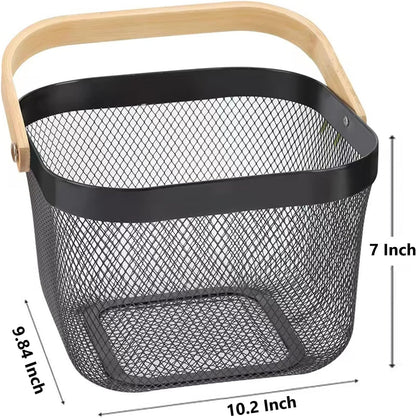 AJIODA 2 Pack Metal Mesh Steel Basket, Storage Organizer Basket Multi-function Hanging Kitchen Baskets Fruit Basket Bin with Wood Handle for Kitchen Bathroom Picnic Cabinet Home Decor, White