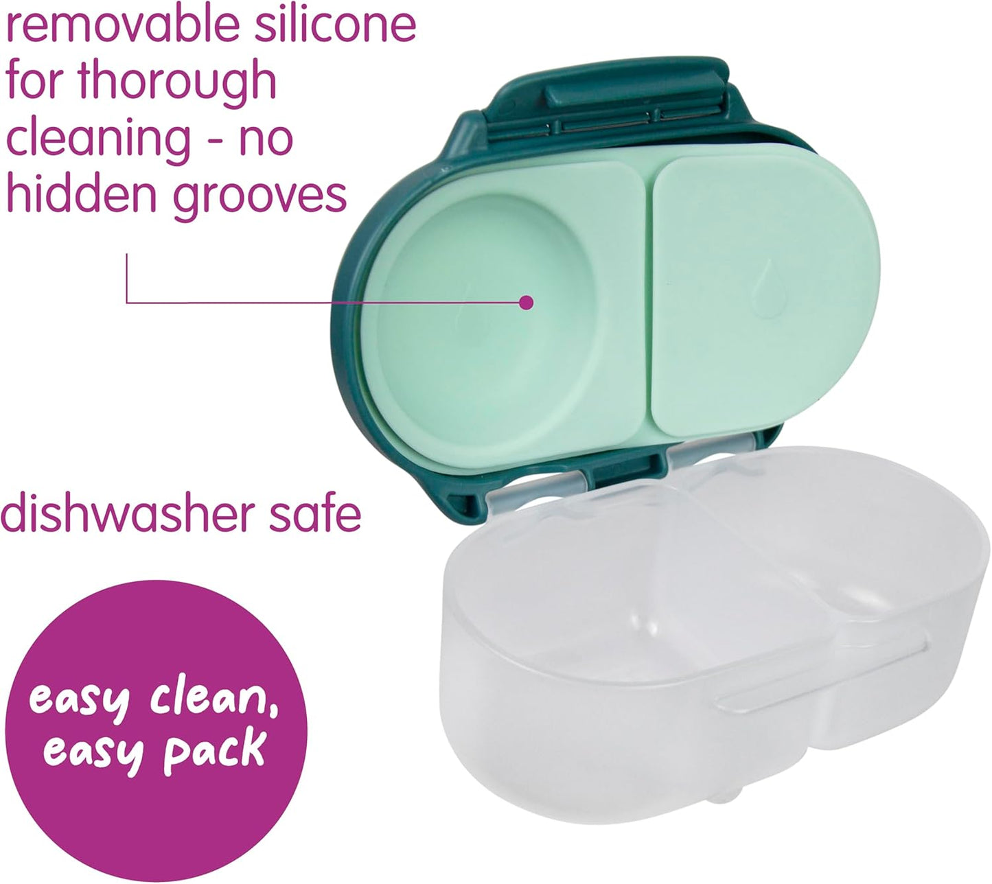 b.box Snack Box 2-Pack - Leak Proof Mini Bento Box for Kids & Toddlers, 2 Compartment Snack Containers for Kids, Dishwasher Safe, BPA-Free, PFAS-Free, Ages 4mo+, 1 3/4 Cup Each (Strawberry + Lilac)