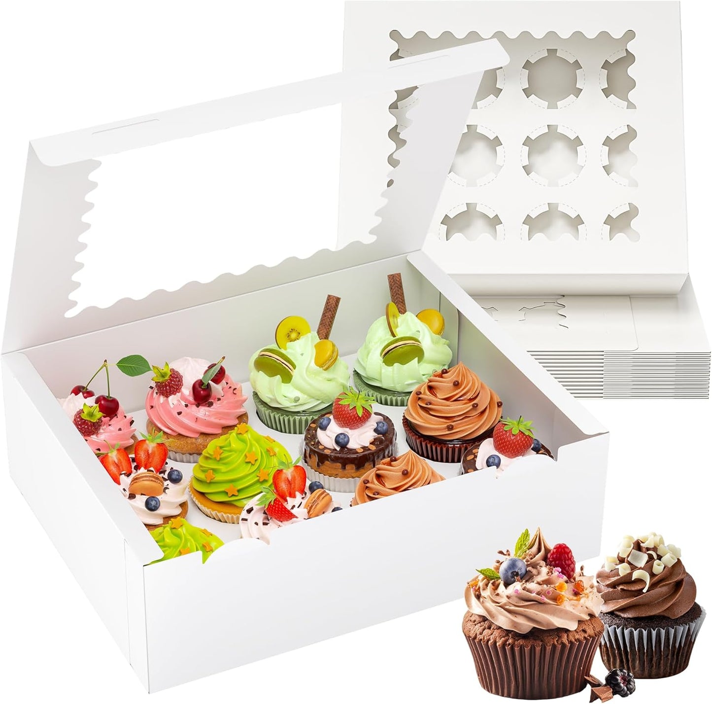 RYDDOY 4 Pack Cupcake Boxes, Hold 12 Standard Cupcakes, Cupcake Containers with Window and Inserts, High Grade Cupcake Holder, for Birthday Holiday Party, Supplies for Cupcakes, Desserts and More