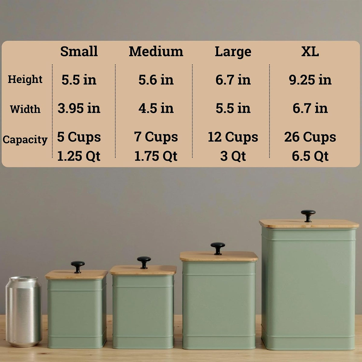 Kitchen Canisters for Countertop Set of 4 w/ Chalkboard Labels & Marker Pen | Airtight Easy Open Bamboo Lids, Dent-Resistant Thick Metal, Customizable Chalkboard Labels, Marker Pen Included, Set of 4