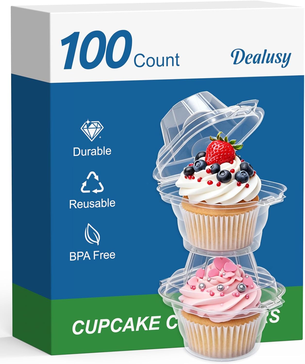Dealusy 100 Pack Individual Cupcake Containers with Airtight Dome Lids, Clear Plastic Single Cupcake Boxes, Stackable Disposable Muffin Holders for Baking, Parties, Weddings & Picnics