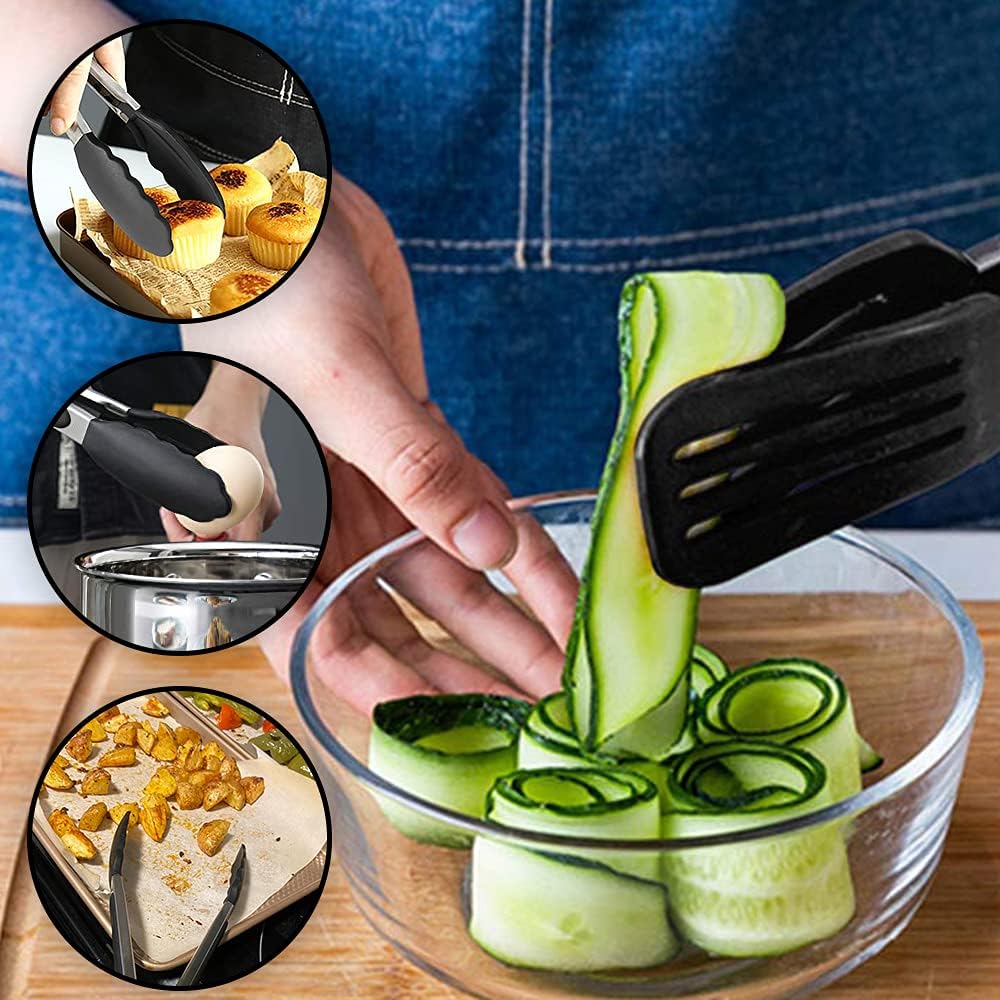 Mini Silicone Serving Tongs Set of 3, Small Kitchen Tongs (7 inch) with Silicone Tips and Stainless Steel Handle, Cooking Tongs for Salads, Pasta, Steaks, Vegetables