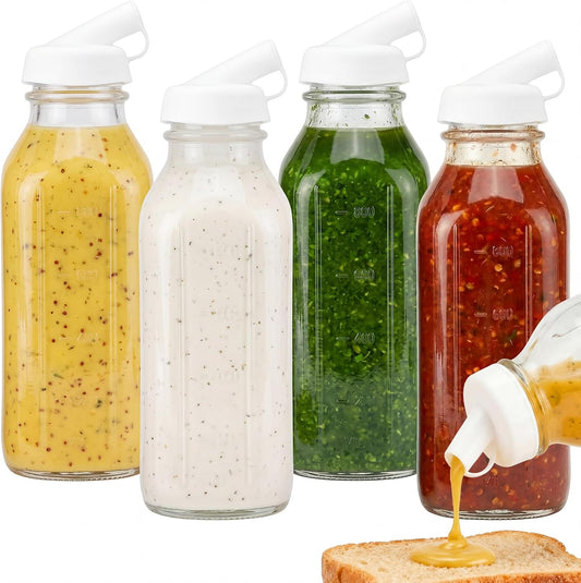 4 Pcs 32 oz Salad Dressing Shaker Glass Dispenser with Silicone Pour Spout and Tamper-proof Lid Refillable Salad Dressing Dispenser Mixer Shaker for Sauces Ketchup Sour Cream Syrup