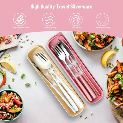 Travel Utensils with Case, 2 Sets Reusable Utensils Set with Case, Camping Utensil Set, Portable Silverware Lunch Utensils Set for Work Camping School(Beige, Pink)