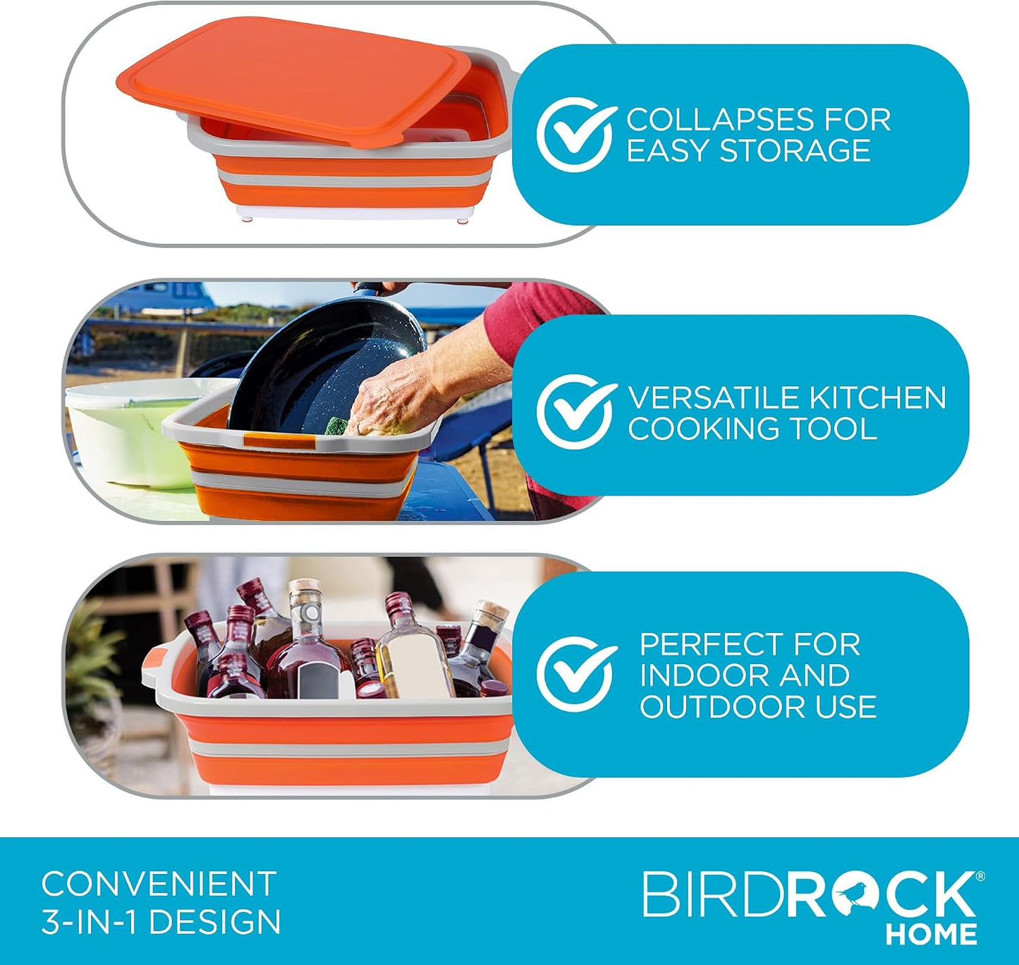 BIRDROCK HOME Collapsible Large BBQ Prep Tub w/Cutting Board, Multi-Function Grill Caddy w/Colander & Lid, Portable Silicone Dish Bowl for Picnic, Tailgate, Camping - Black