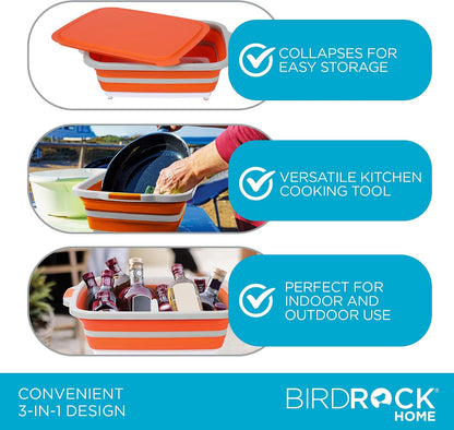 BIRDROCK HOME Collapsible Large BBQ Prep Tub w/Cutting Board, Multi-Function Grill Caddy w/Colander & Lid, Portable Silicone Dish Bowl for Picnic, Tailgate, Camping - Black
